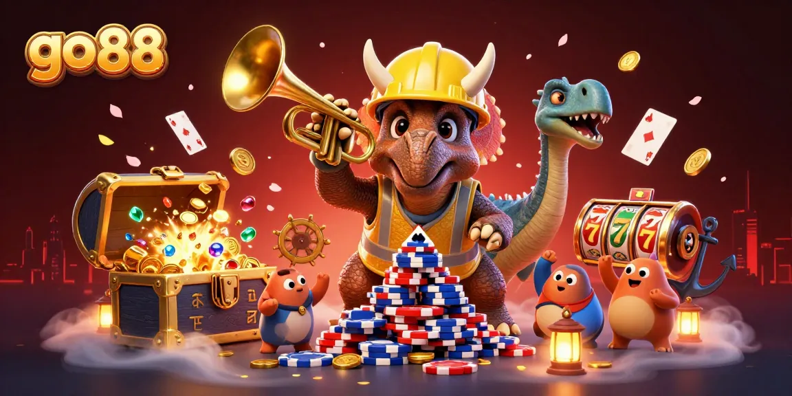 Engage with go 88 in this vibrant 3D illustration featuring a fun triceratops building poker chip pyramids amidst a dynamic casino scene.
