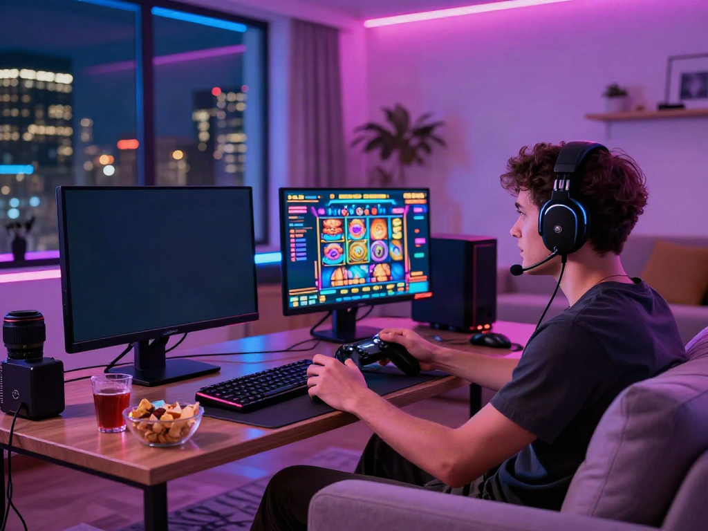 Akunjp gaming enthusiast enjoying an online slot game in a vibrant living room with LED lights.