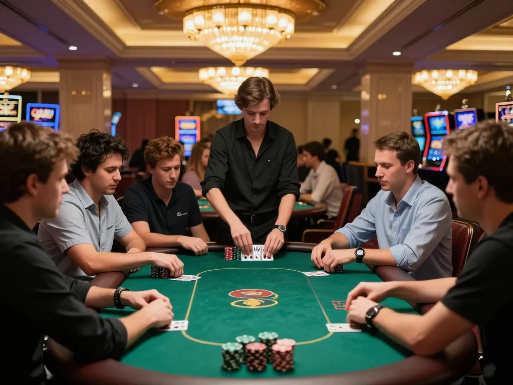 Players strategizing in a high-stakes poker game at a luxurious casino, showcasing cm8888.