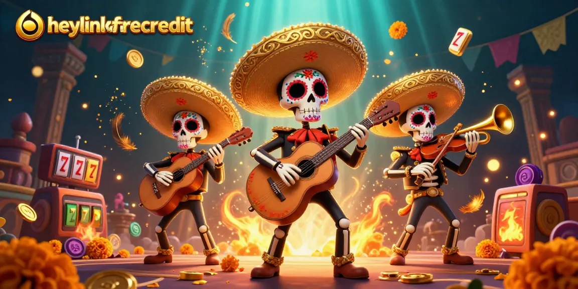Experience heylinkfreecredit with vibrant 3D illustrated mariachi characters in a casino scene.