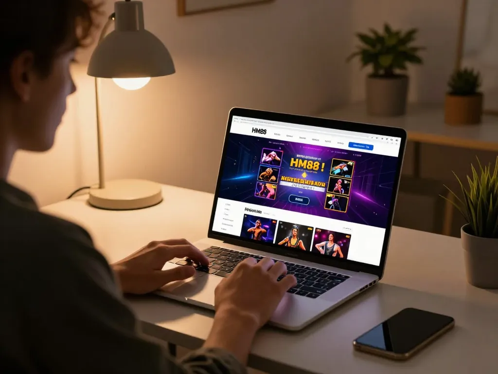 Player engaging with HM88 online casino on laptop, showcasing a vibrant gaming interface