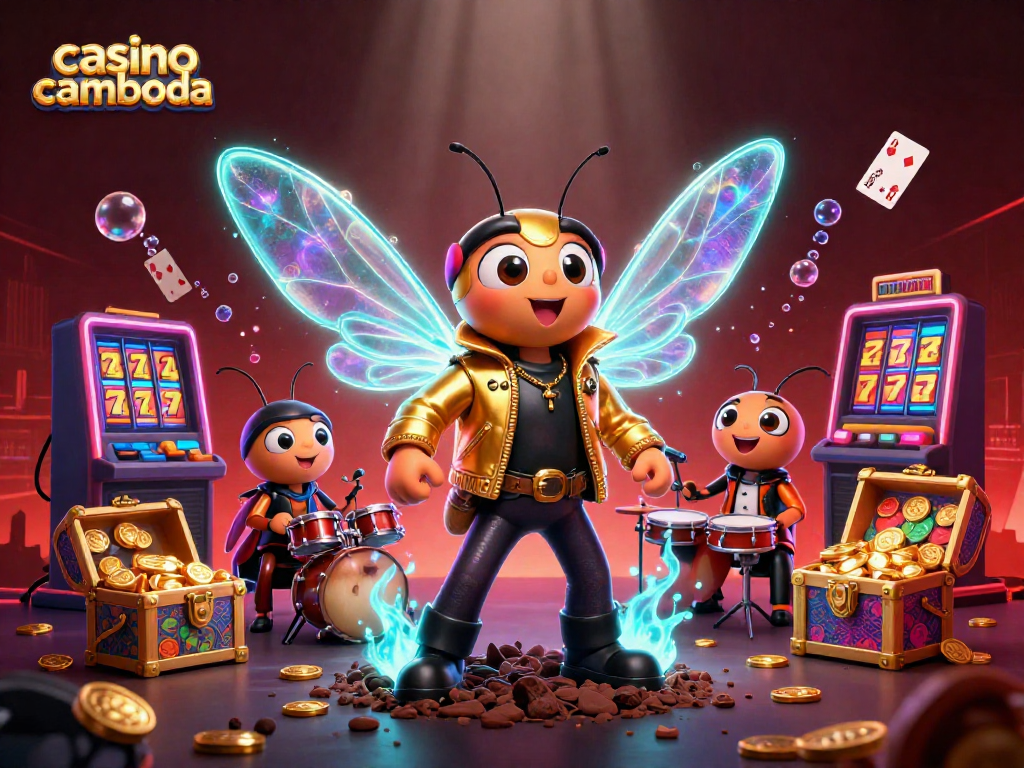 Engage with thrilling games at casino cambodia, featuring vibrant character scenes, slot machines, and colorful treasures.