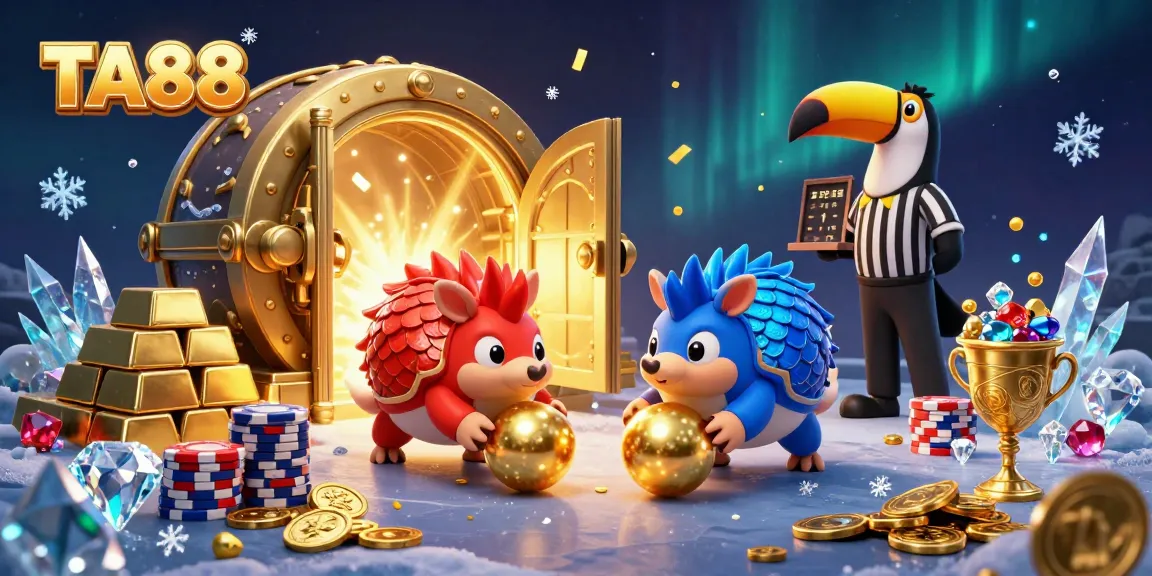 Engage with TA88 amidst competitive pangolins in a vibrant casino scene filled with gold and jewels.