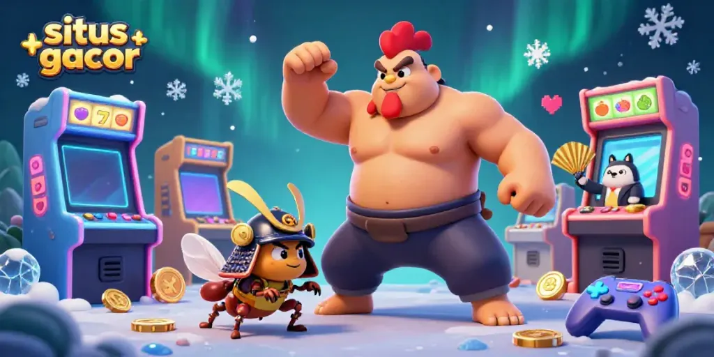 Engage with situs slot gacor in an action-packed scene featuring colorful slots and dynamic characters.
