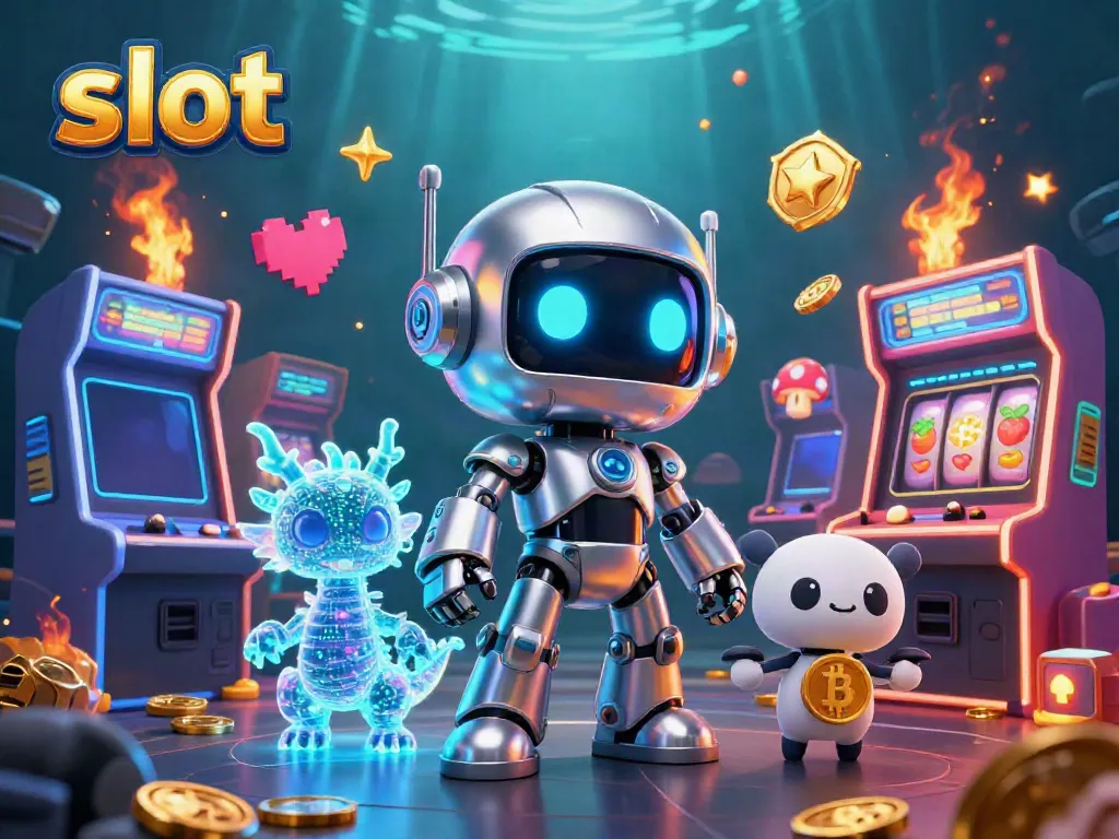Slot yang menarik dengan robot futuristik, naga holografik, dan elemen permainan di ruang kasino.