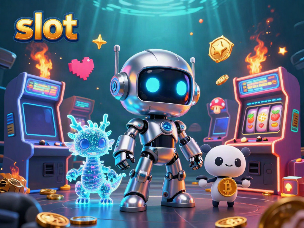 Slot yang menarik dengan robot futuristik, naga holografik, dan elemen permainan di ruang kasino.