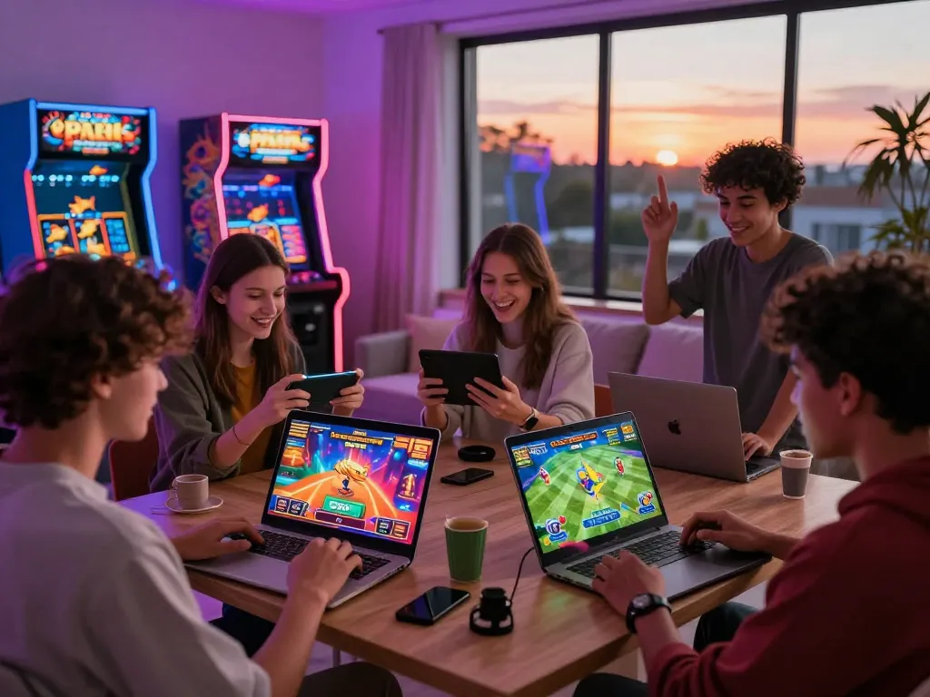 Youthful Gen Z friends enjoying nk88 online gaming in a vibrant living room.