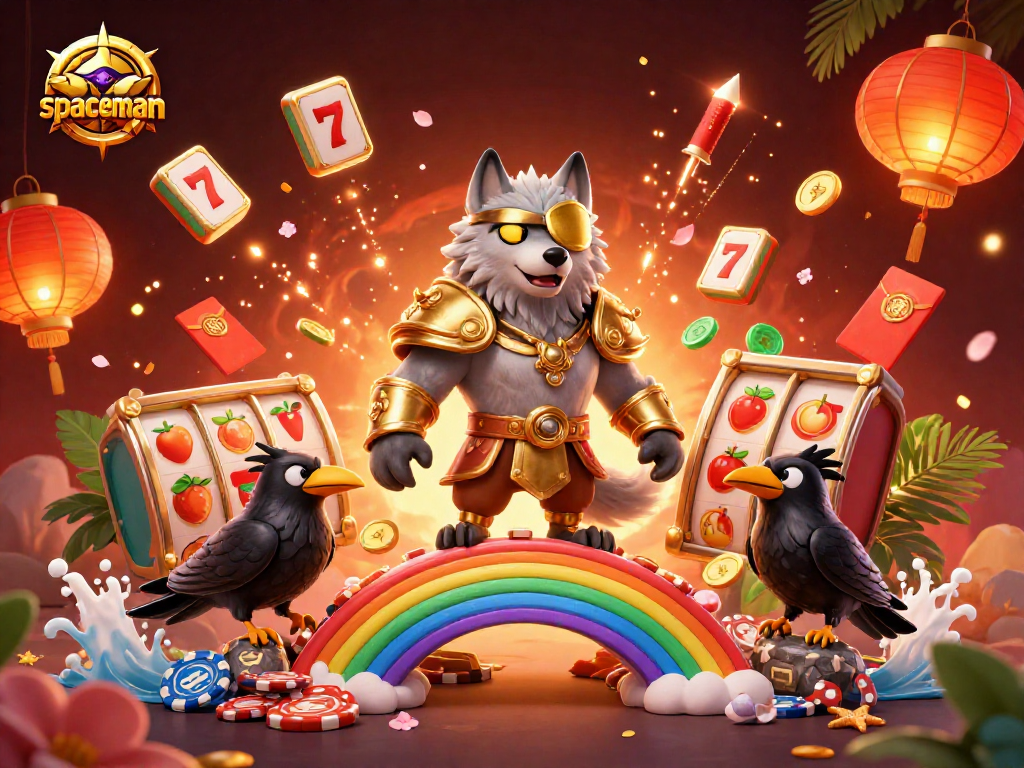 Watch a spaceman character win big at the slot machines, surrounded by vibrant casino elements.
