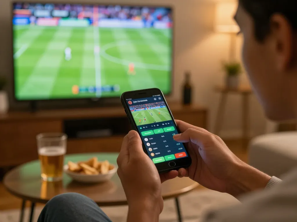 Engaging in sports betting using the soc88 app during a live football match at home.
