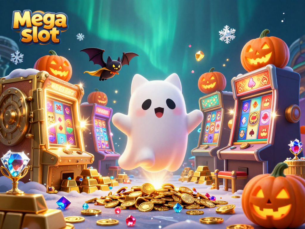 Experience mega slot thrills with a ghost cat and bat in a colorful casino scene filled with treasure.