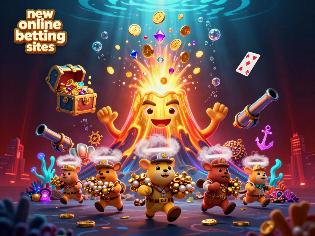 Experience excitement with new online betting sites in this vibrant casino scene featuring a treasure-filled volcano.