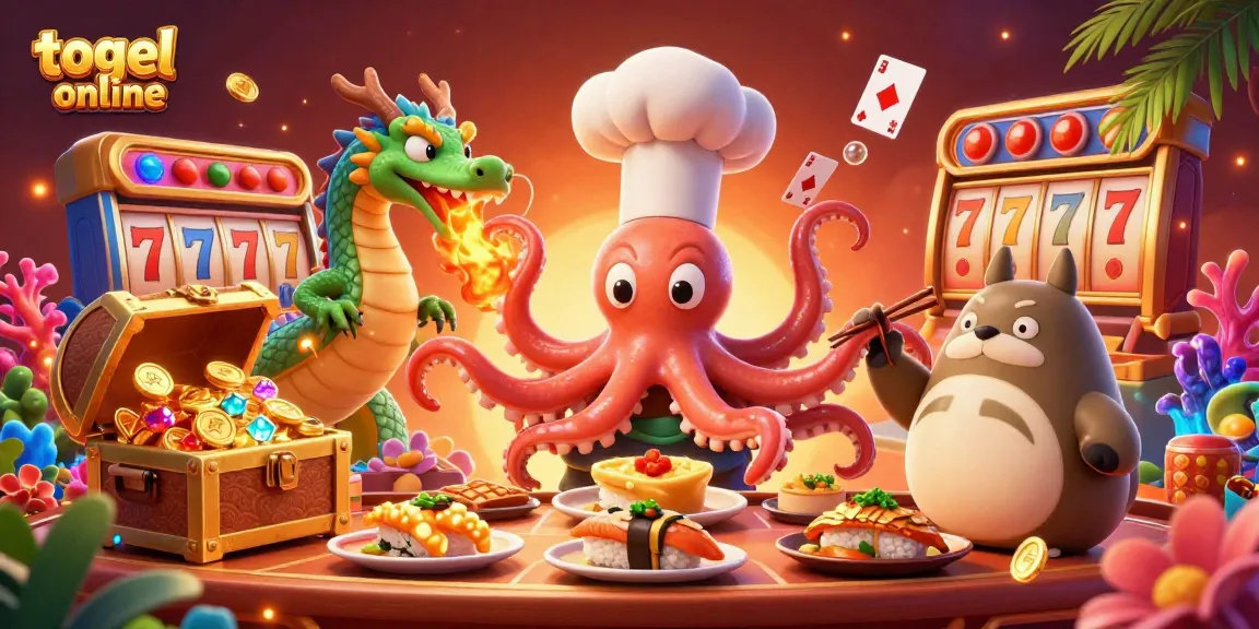 Immerse in the excitement of togel online with vibrant characters preparing golden dishes in a lively casino scene.