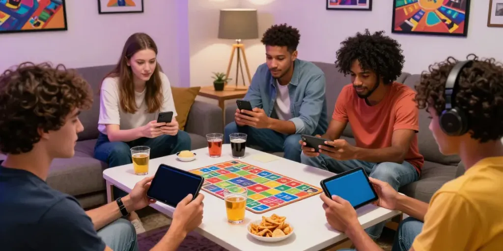 Friends playing rumble rummy on smartphones during game night.