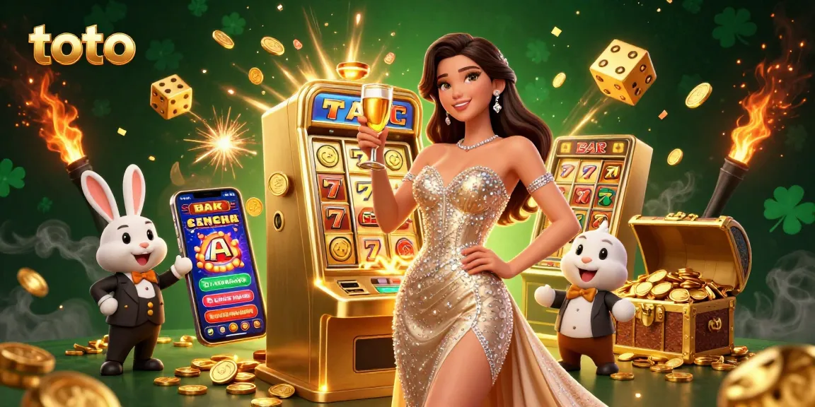 Experience the thrill of toto gaming with a glamorous woman celebrating by a jackpot slot.