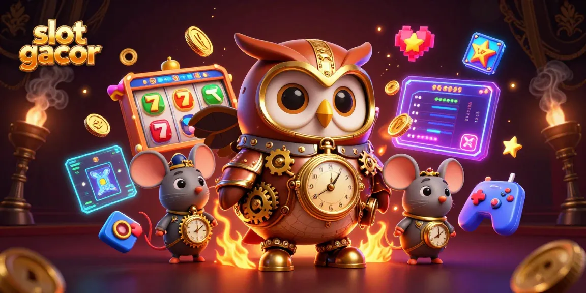 Mengakses slot gacor dengan karakter burung hantu penjelajah waktu dalam suasana kasino yang futuristik.