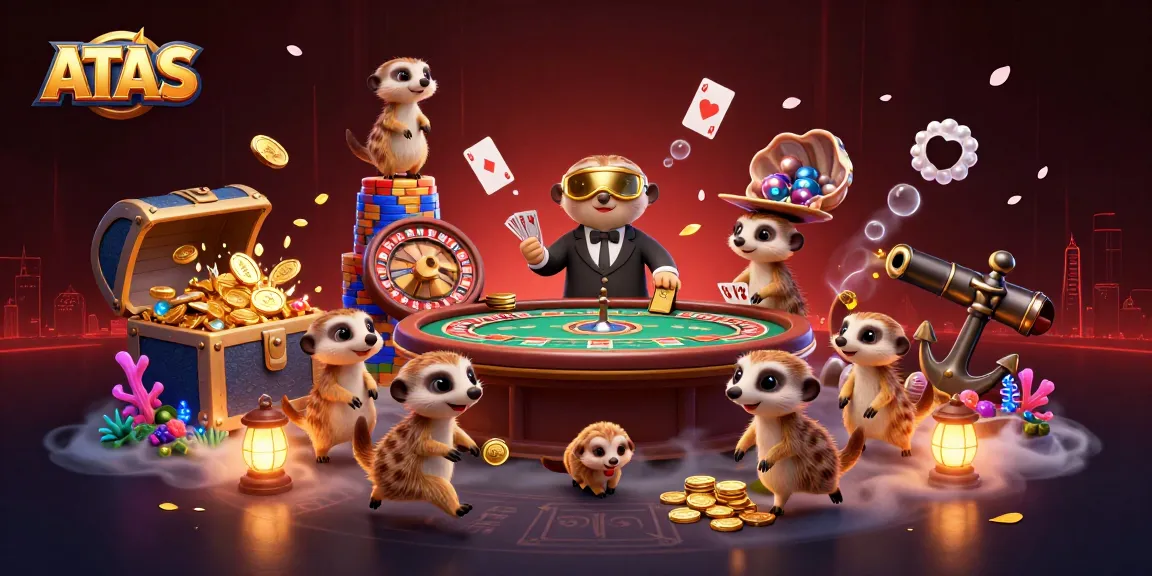 Experience the excitement at ATAS Casino with meerkats running a vibrant casino operation, surrounded by treasure.