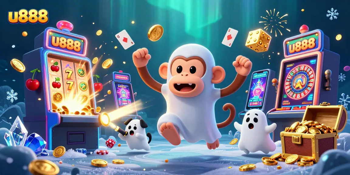 Play exciting casino games at u888 with a lively monkey and a ghost-hunter puppy in a vibrant scene!