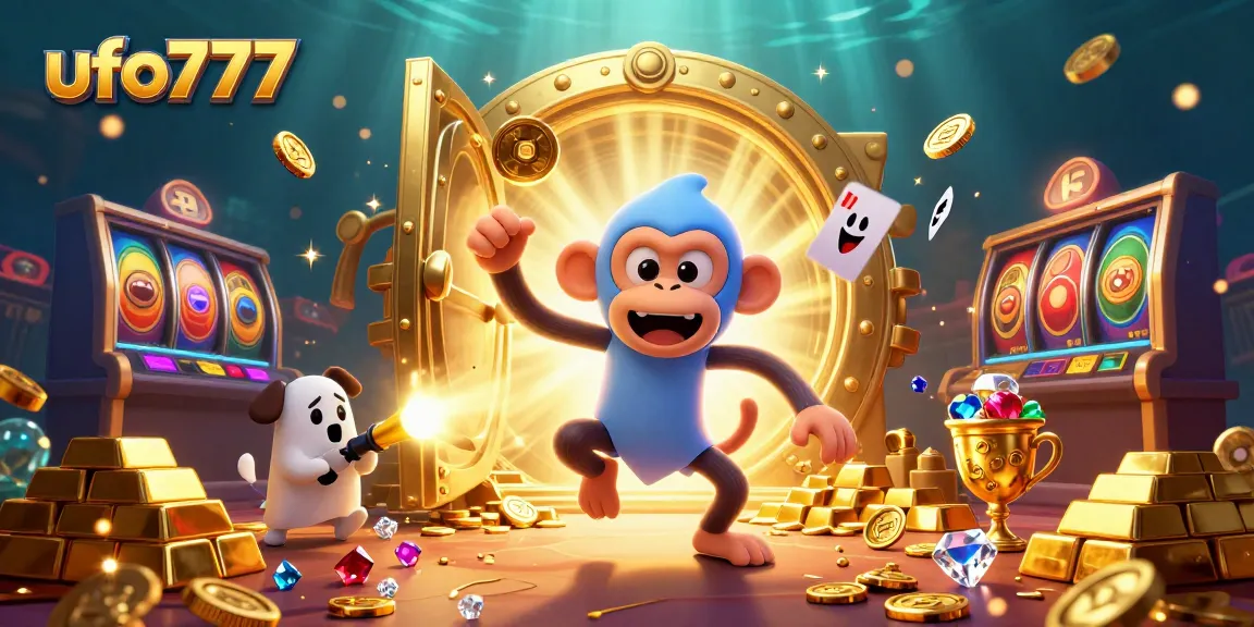 Experience big wins with ufo777's lively casino scene featuring a mischievous monkey and a curious puppy.