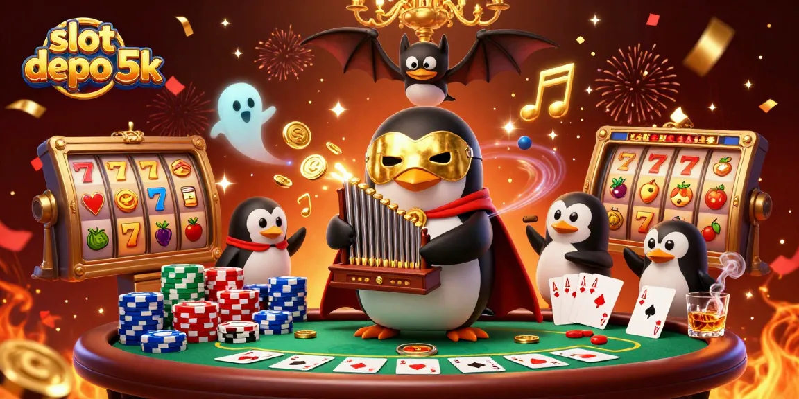 Slot depo 5k menampilkan penguin opera bermain organ yang meluncurkan koin emas di tengah permainan slot yang meriah.