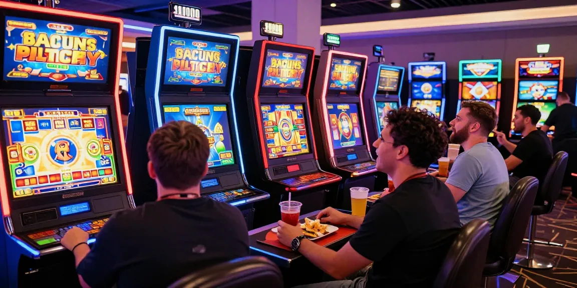 Players enjoying the excitement of bonus buy slots in a lively casino setting, showcasing vibrant graphics and social interaction.