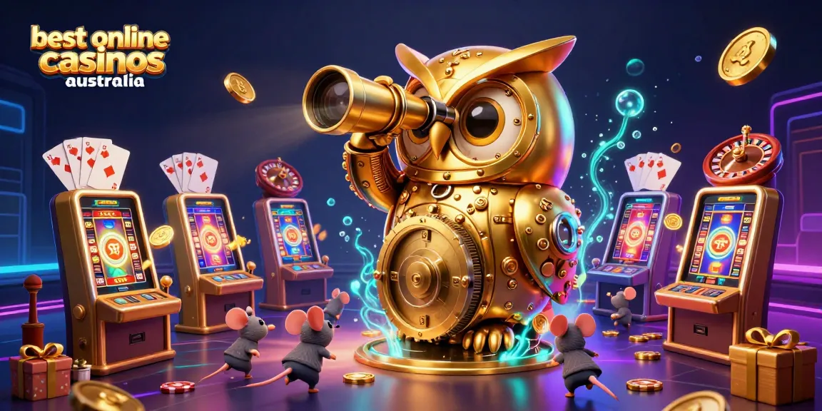 Experience the excitement of the best online casinos Australia with a dynamic casino scene featuring a golden owl and animated elements.