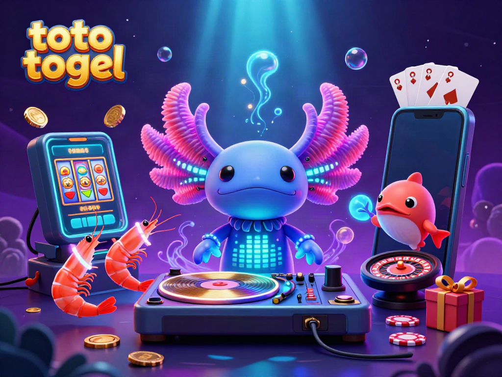 Experience thrilling toto togel gameplay with a vibrant neon scene of a DJ axolotl spinning golden records and dynamic gambling elements.