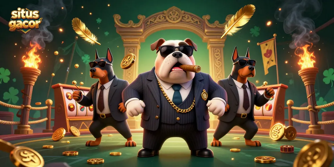 Engage in thrilling gameplay at situs slot gacor with a vibrant 3D illustration of mafia characters and slot reels.