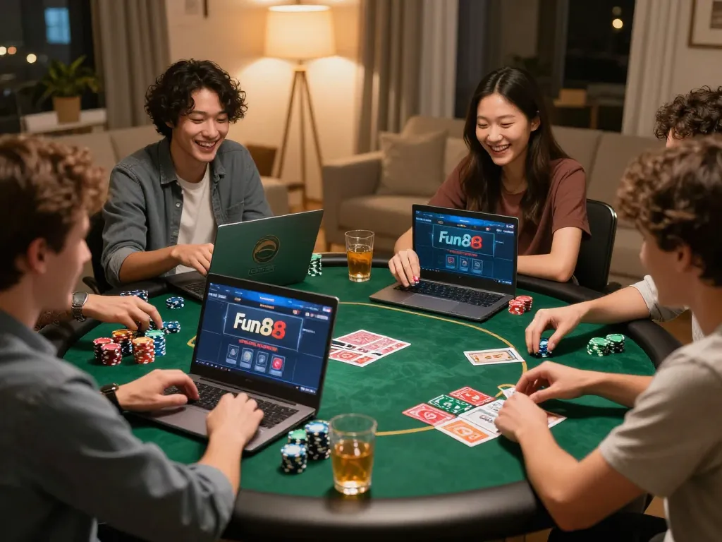Friends enjoying an online poker game on Fun88 com with chips and laughter, creating a social atmosphere.