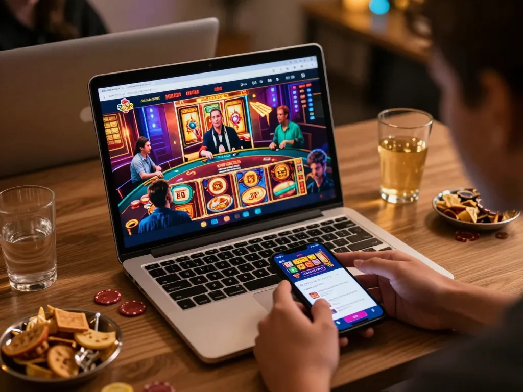 FAFA828 players enjoying online casino games on a laptop, showcasing interactive gameplay.