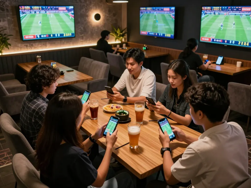 Sports enthusiasts engaged in soi kèo betting strategies while enjoying live games at a modern lounge.