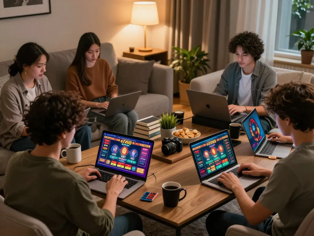 Engaged players enjoying online casino games through af88 on tablets, showcasing a cozy gaming atmosphere.