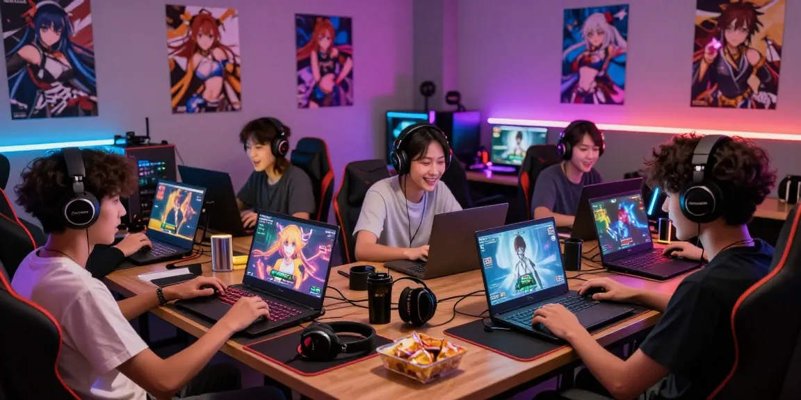 Playing thrilling hentai games in a vibrant gaming lounge with friends and colorful LED lights.