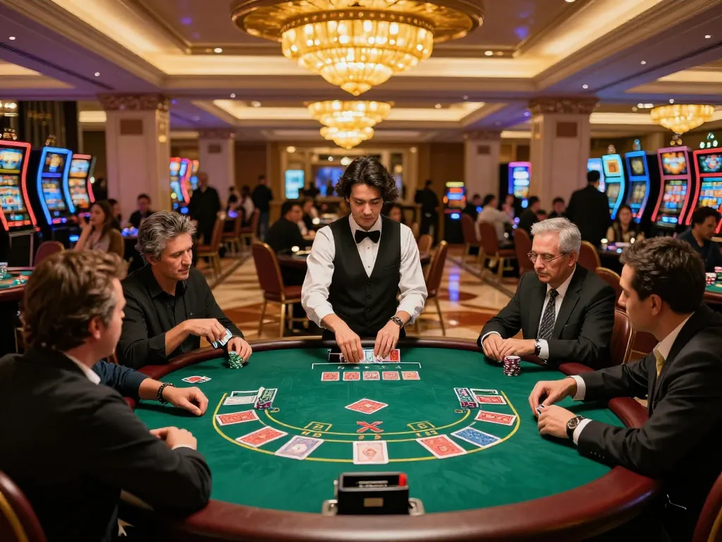Players at a z16 blackjack table strategizing their bets during an exciting casino evening