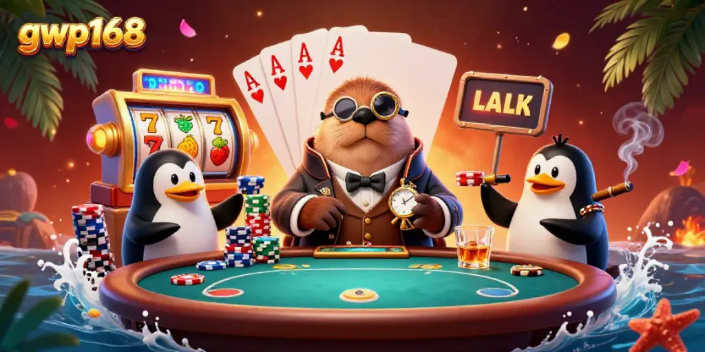 GWP168 menampilkan permainan slot yang menarik dengan karakter kartun beruang kutub dan penguin di meja judi.