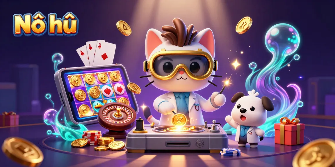 Experience the exciting world of Nổ hũ with a playful science-themed gambling illustration featuring vibrant gaming elements.