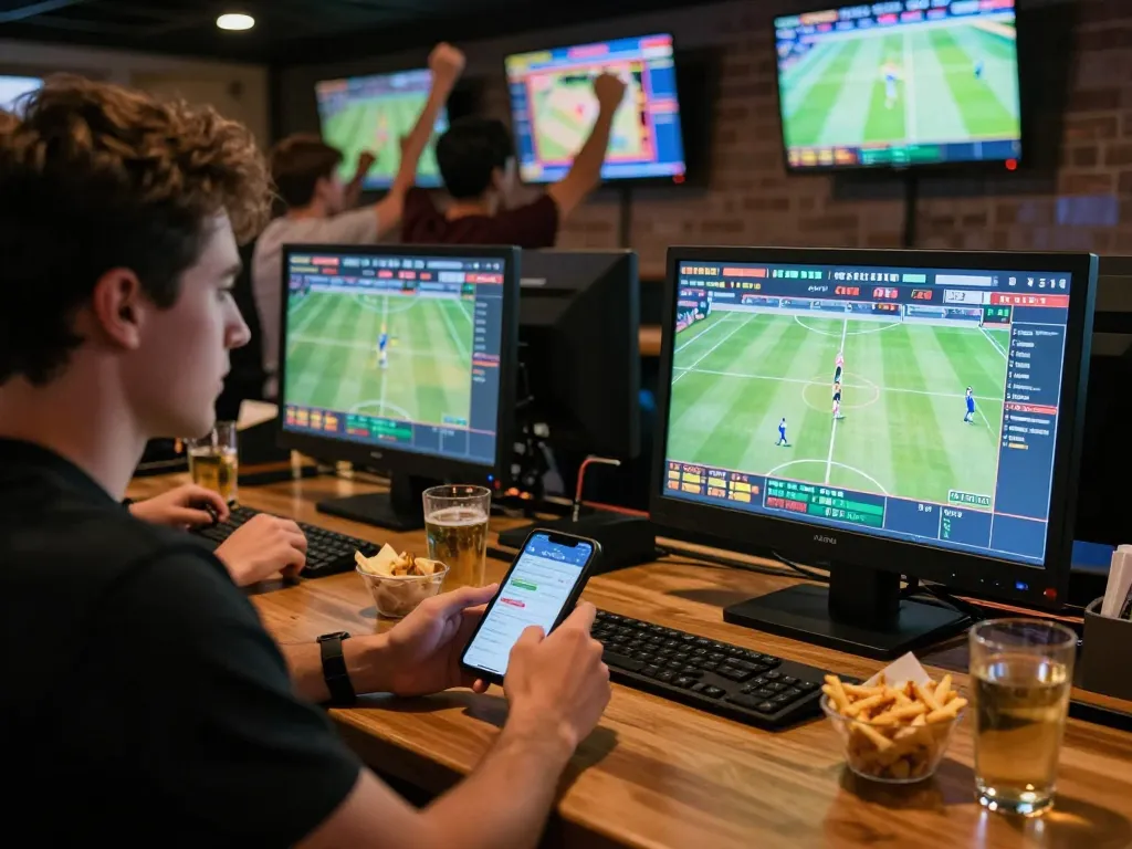 A sports bettor enjoying live events and placing bets via xx88 app, surrounded by friends in a vibrant sports bar.