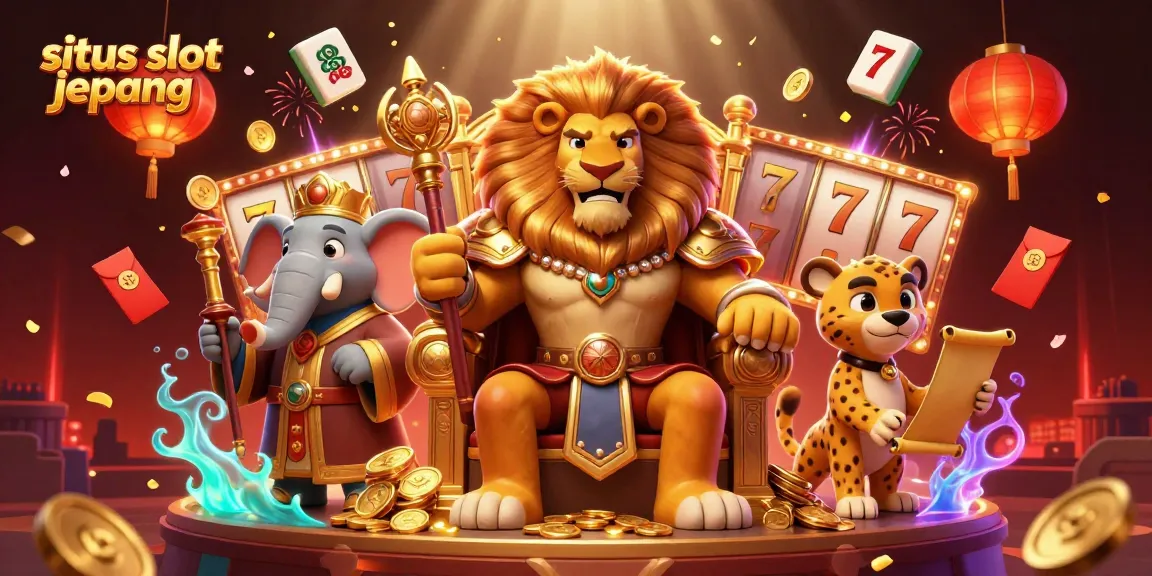 Situs slot jepang showcases an energetic scene with a lion king, elephant advisor, and cheetah messenger, surrounded by vibrant slot elements.