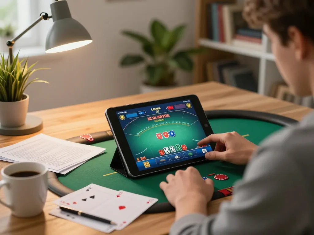 Pemain Ulat123 menikmati poker di tablet dengan catatan strategi dalam suasana rumah yang nyaman