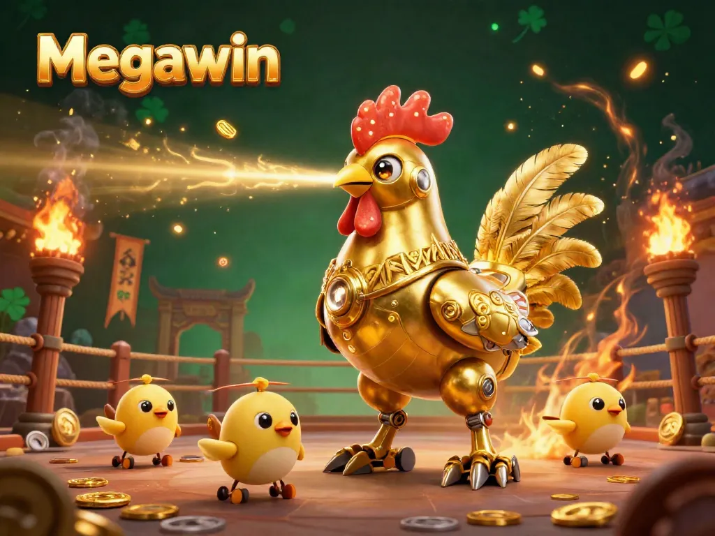 Permainan Megawin dengan robot ayam berteknologi tinggi dan efek visual api serta koin emas berserakan di arena.