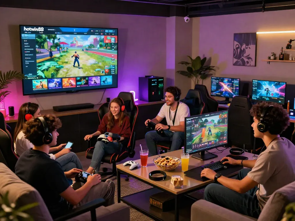 Friends enjoying gaming on hotwin88 platform in a vibrant lounge atmosphere