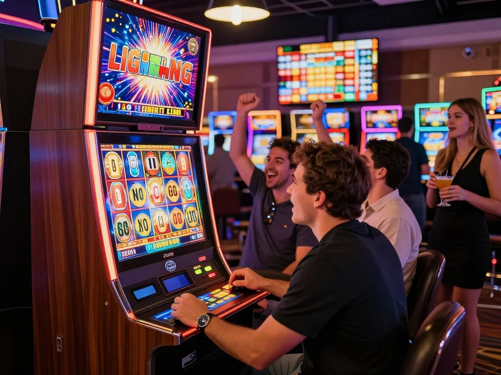 Group of friends celebrating at a Lightning Link slot machine in a lively casino.