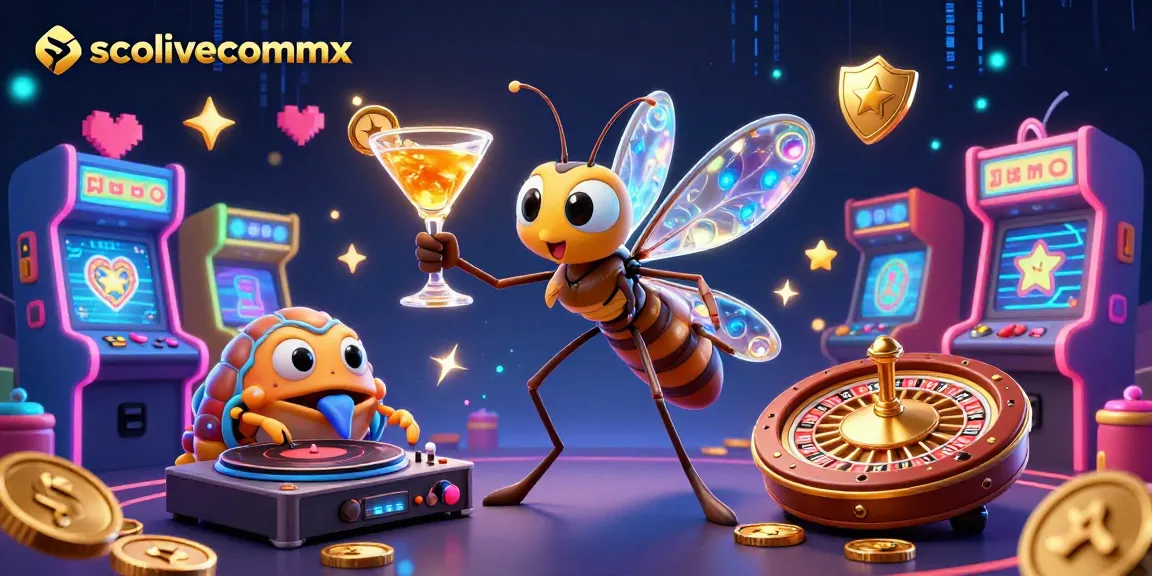 Socolivecommx showcases a vibrant 3D illustration of a mosquito casino mascot and unique gaming elements.