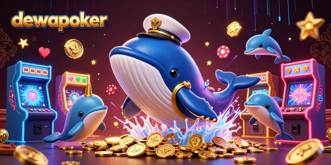 Experience thrilling gameplay with dewapoker and vibrant casino scenes featuring playful dolphins and a cartoon whale.