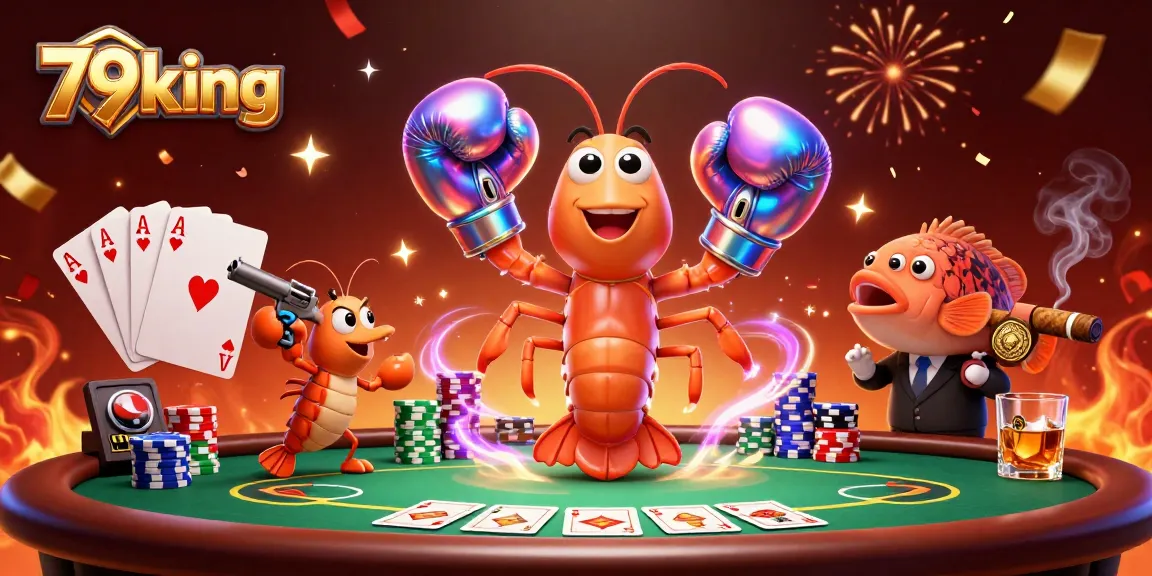 Engage in thrilling poker matches with 79king's vibrant 3D cartoon illustration of fun marine characters and casino elements.