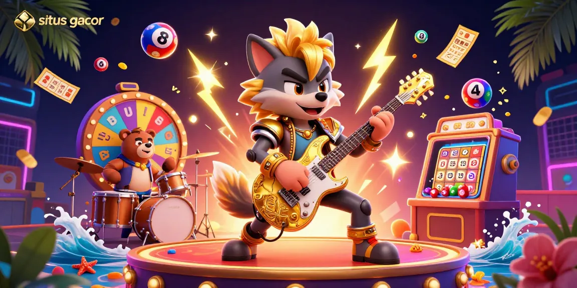 Situs gacor energizes players with a vibrant 3D casino illustration featuring a rock star wolf.