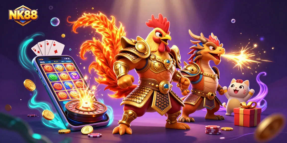 Experience epic gaming action with NK88 featuring a courageous rooster warrior and a dragon hatchling!