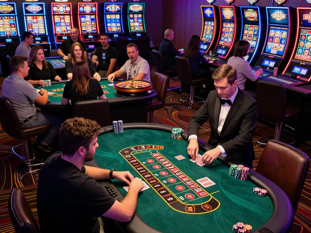 Engaging scene at the casino floor showcasing players at poker tables, showcasing ทางเข้า m116 strategies in gameplay.