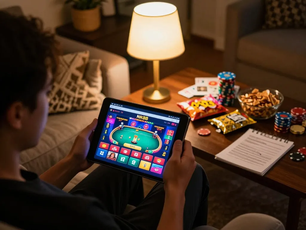 Navigating online gaming with NK88 on tablet, cozy living room setting showcasing responsible gaming.