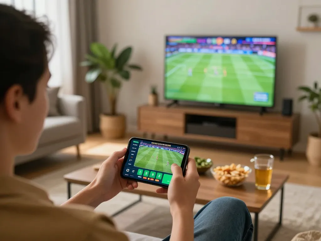 vt88 player engaging with sports betting on smartphone at home with a lively atmosphere