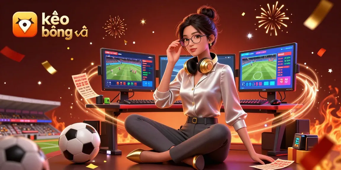 Engage with kèo bóng đá strategies, featuring a professional Asian woman amidst dynamic sports betting elements.
